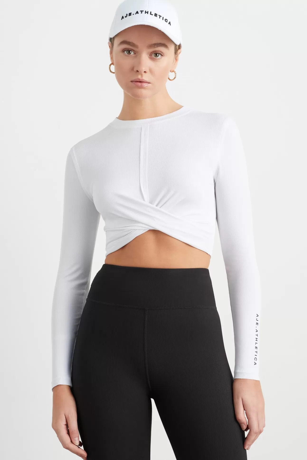 Aje ATHLETICA Twist Front Long Sleeve Crop Top 328 White/Black Fashion