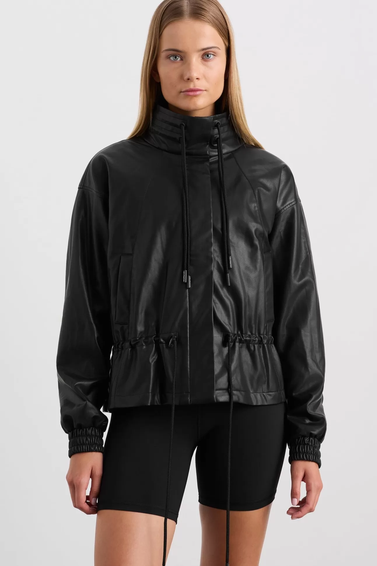 Aje ATHLETICA Vegan Leather Ruched Jacket 770 Black Fashion